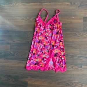 lace hot pink print slip mini dress deep v